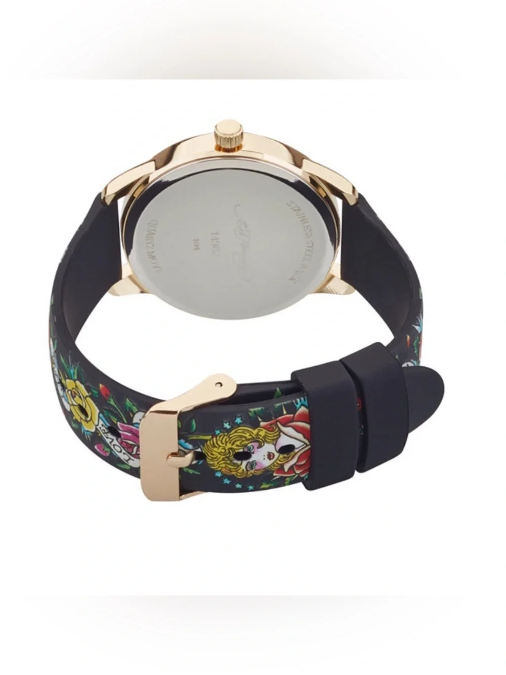 Ed Hardy Gold Tone Black Dial Watch with Red & Green Tattoo Strap #055